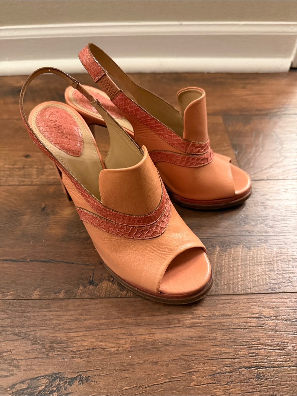 Chloé Coral Leather Peep-Toe Slingback Heels